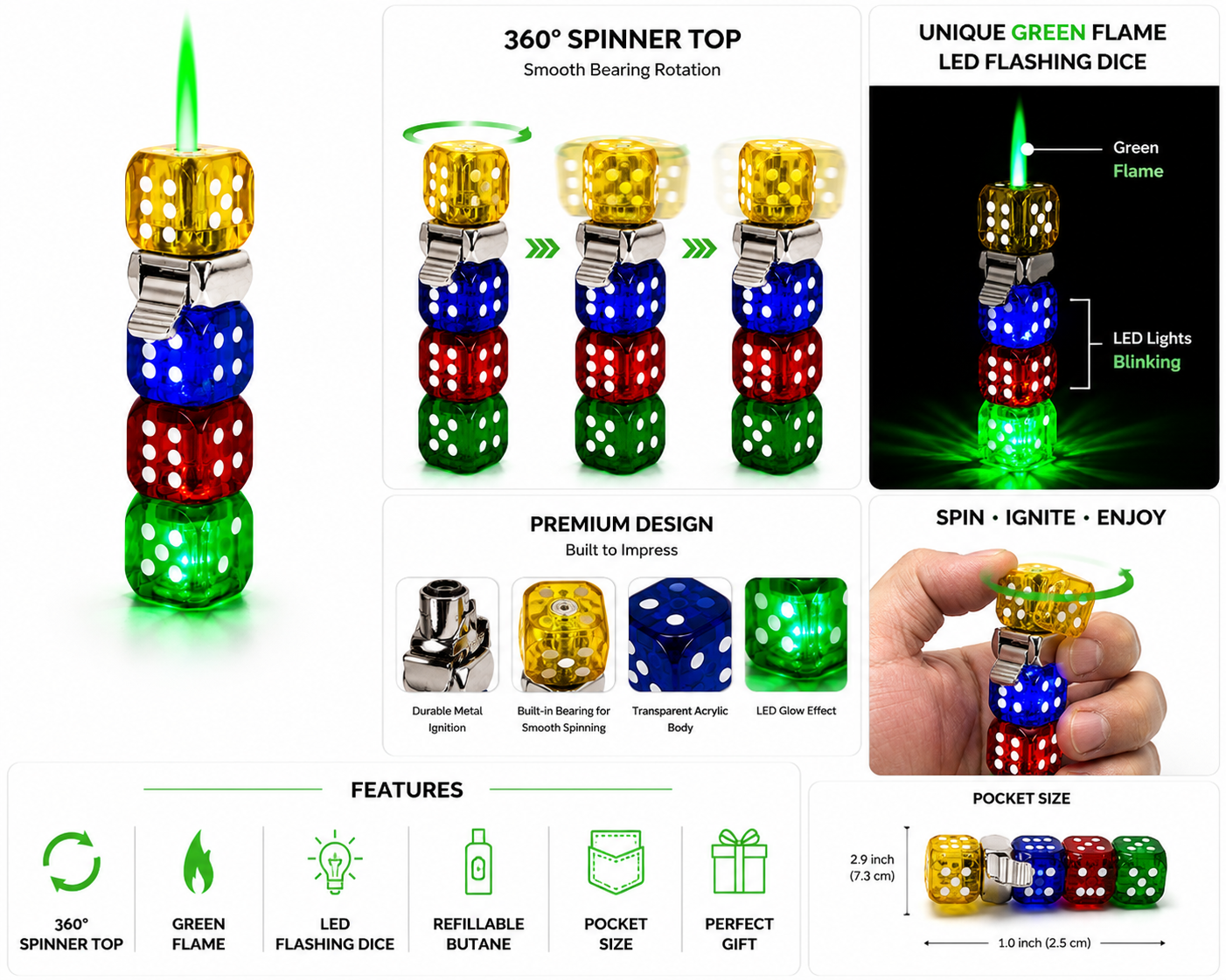 Novelty Dice Butane Lighter with Colored Flame